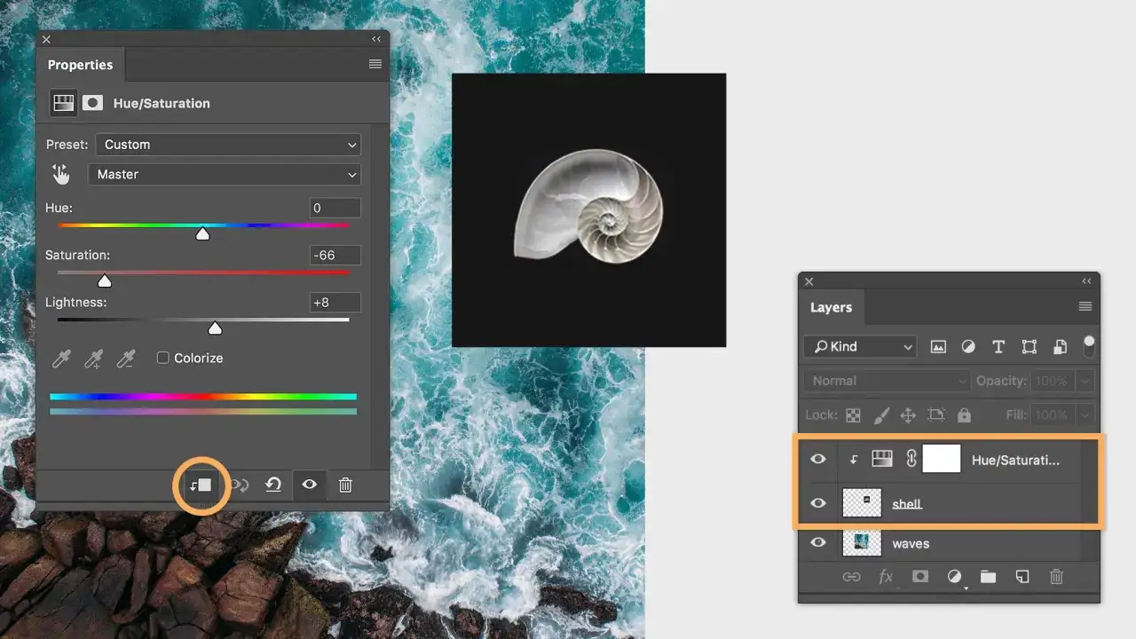 Interfaccia di Photoshop con pannello Livelli e regolazione Hue/Saturation. La maschera di livello è attiva per la regolazione.