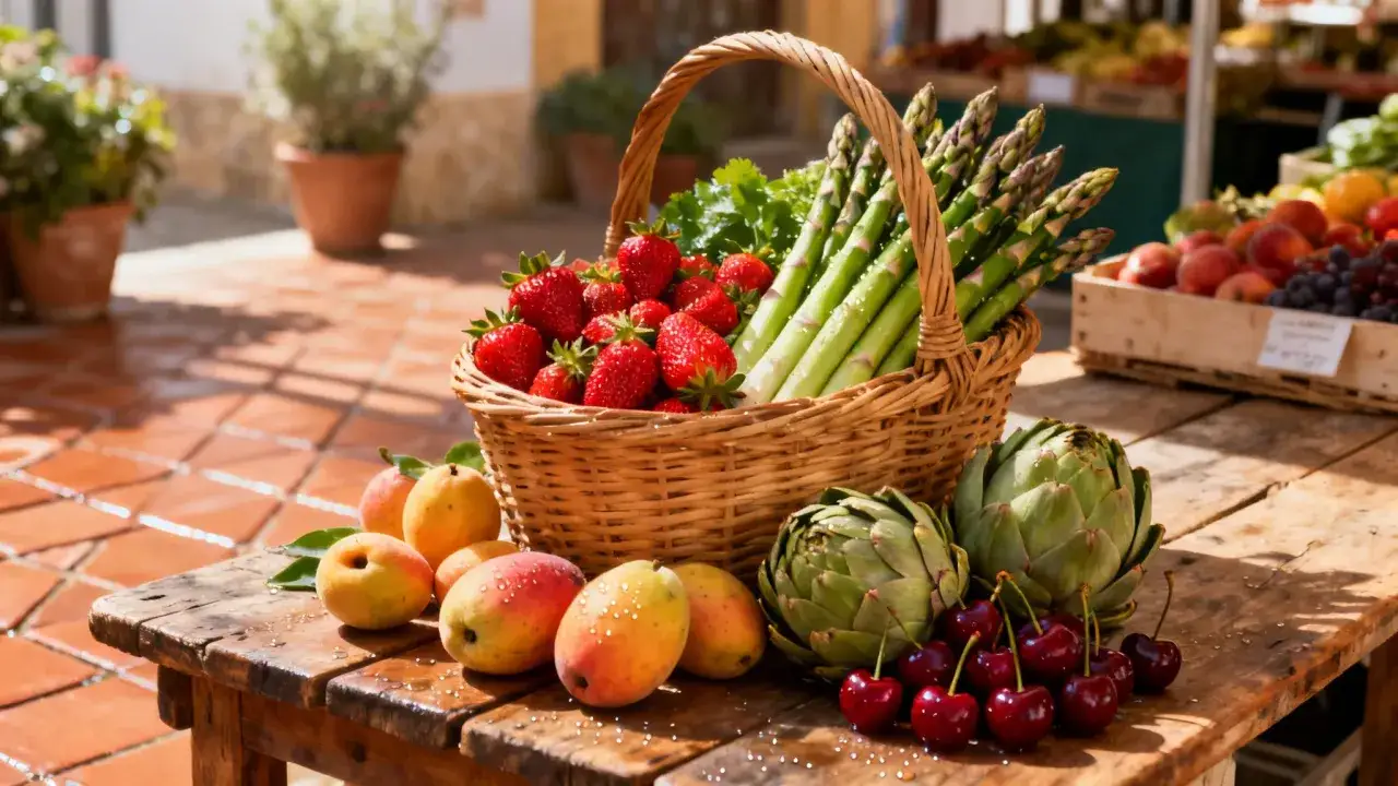 Cesta con fresas y espárragos, junto a mangos, cerezas y alcachofas. ¡Un festín de frutas de primavera!