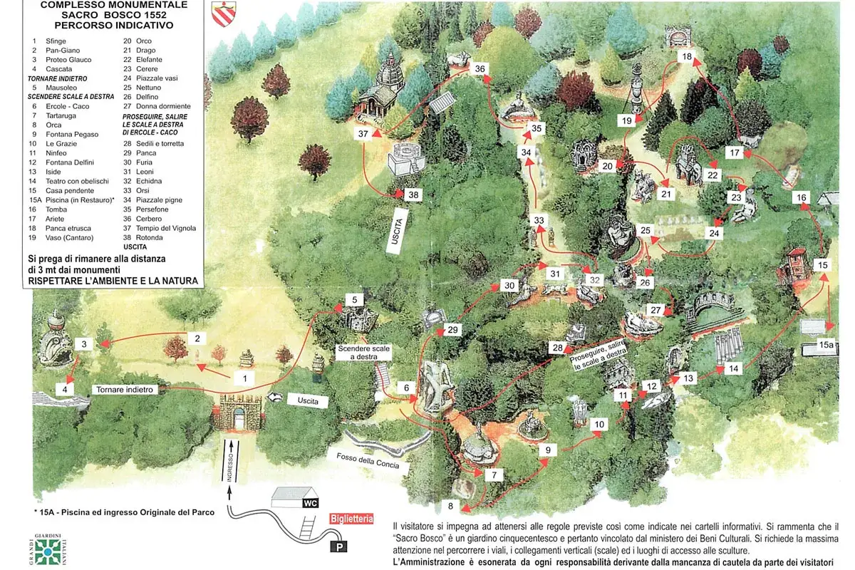 Mappa del Sacro Bosco di Bomarzo, il viterbo giardino dei mostri, con percorso illustrato e didascalie.
