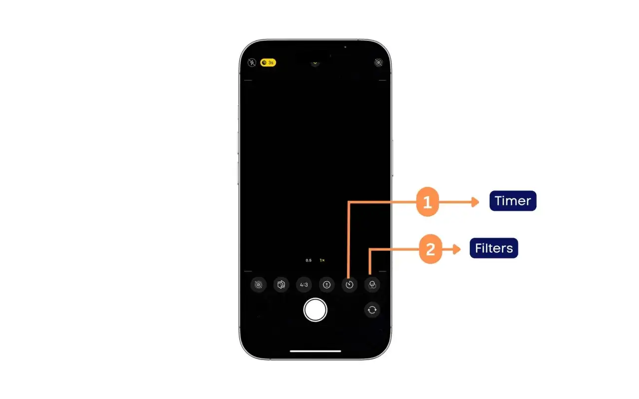 Jak zmienić aparat w telefonie? Zobacz, jak ustawić samowyzwalacz (1) i filtry (2) na ekranie aparatu.