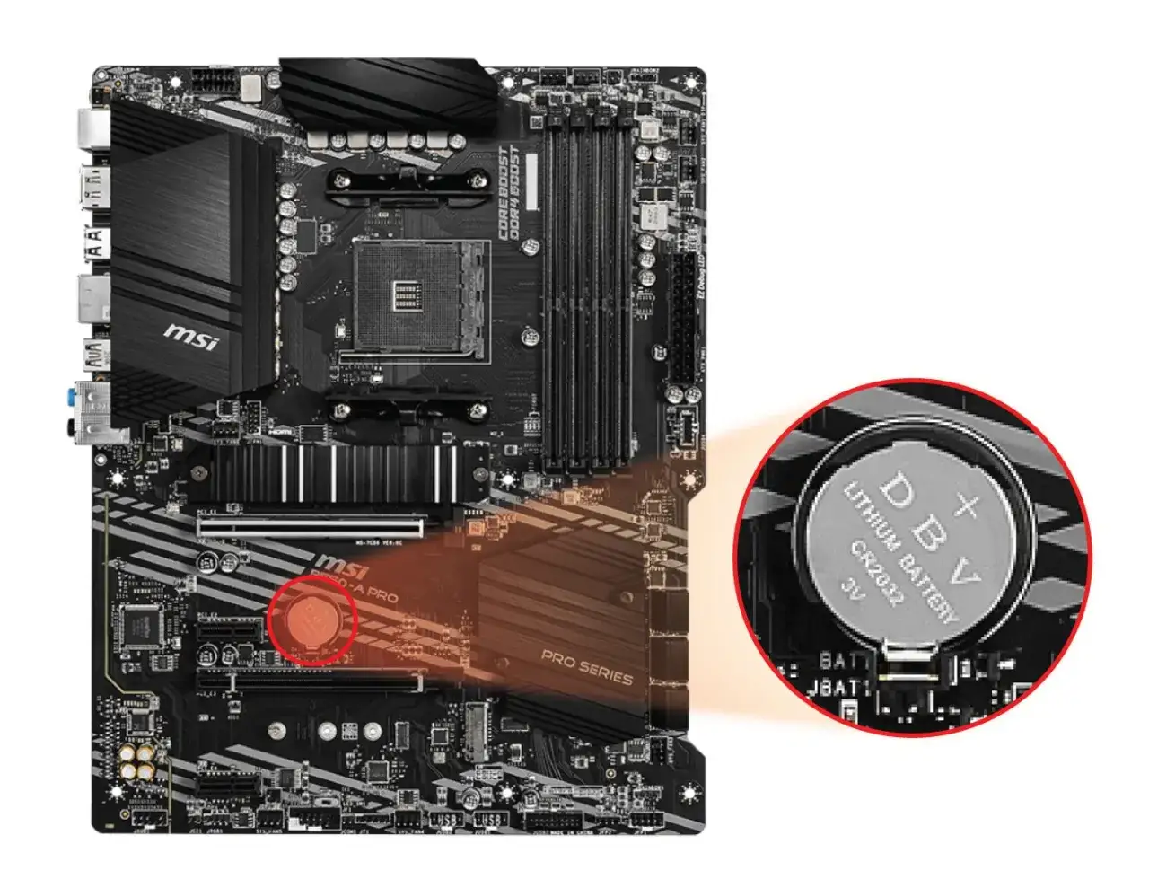 Carte mère MSI avec pile CR2032 pour le clear CMOS.