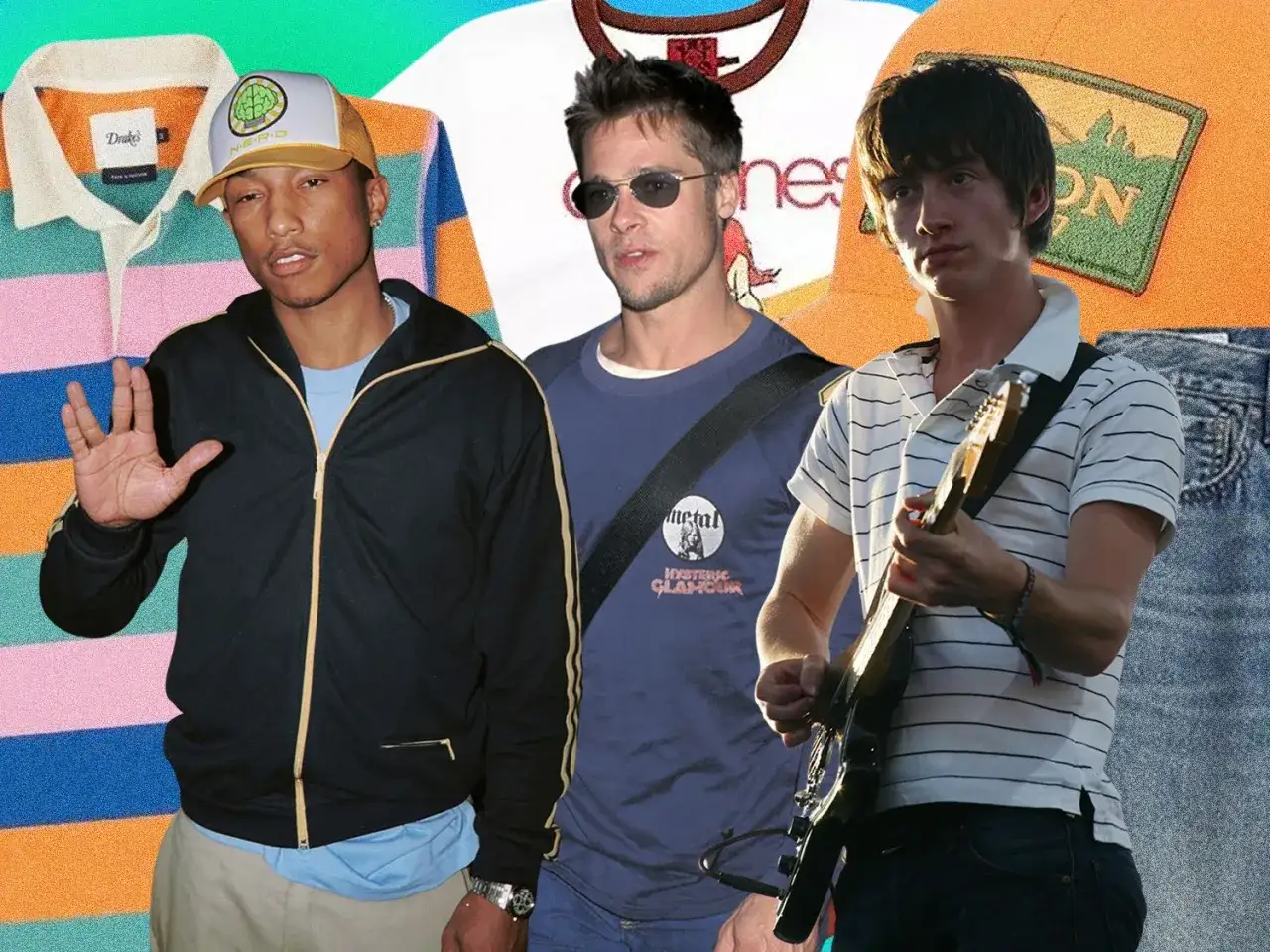 Pharrell, Brad Pitt i Alex Turner w stylizacjach inspirowanych modą męską 2000. Kolorowe koszulki polo i czapki z daszkiem.