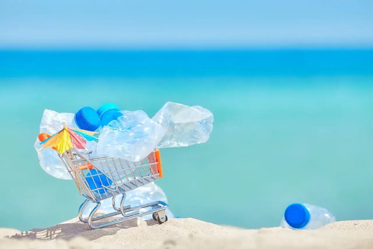 Plastikowe butelki i nakrętki na plaży, symbolizujące zanieczyszczenie środowiska i potencjalne uwalnianie ftalanów do oceanu.