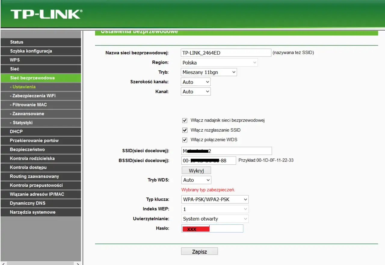Ustawienia sieci bezprzewodowej TP-Link. Pole 