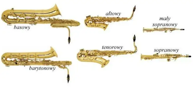 porównanie rozmiarów saksofonów sopranowy, altowy, tenorowy, barytonowy