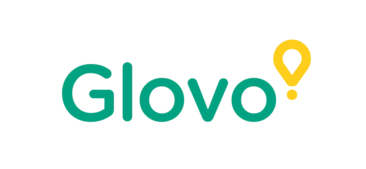 Logo Glovo z żółtym punktem lokalizacji. Szybkie dostawy z Glovo, płatności PayPo.