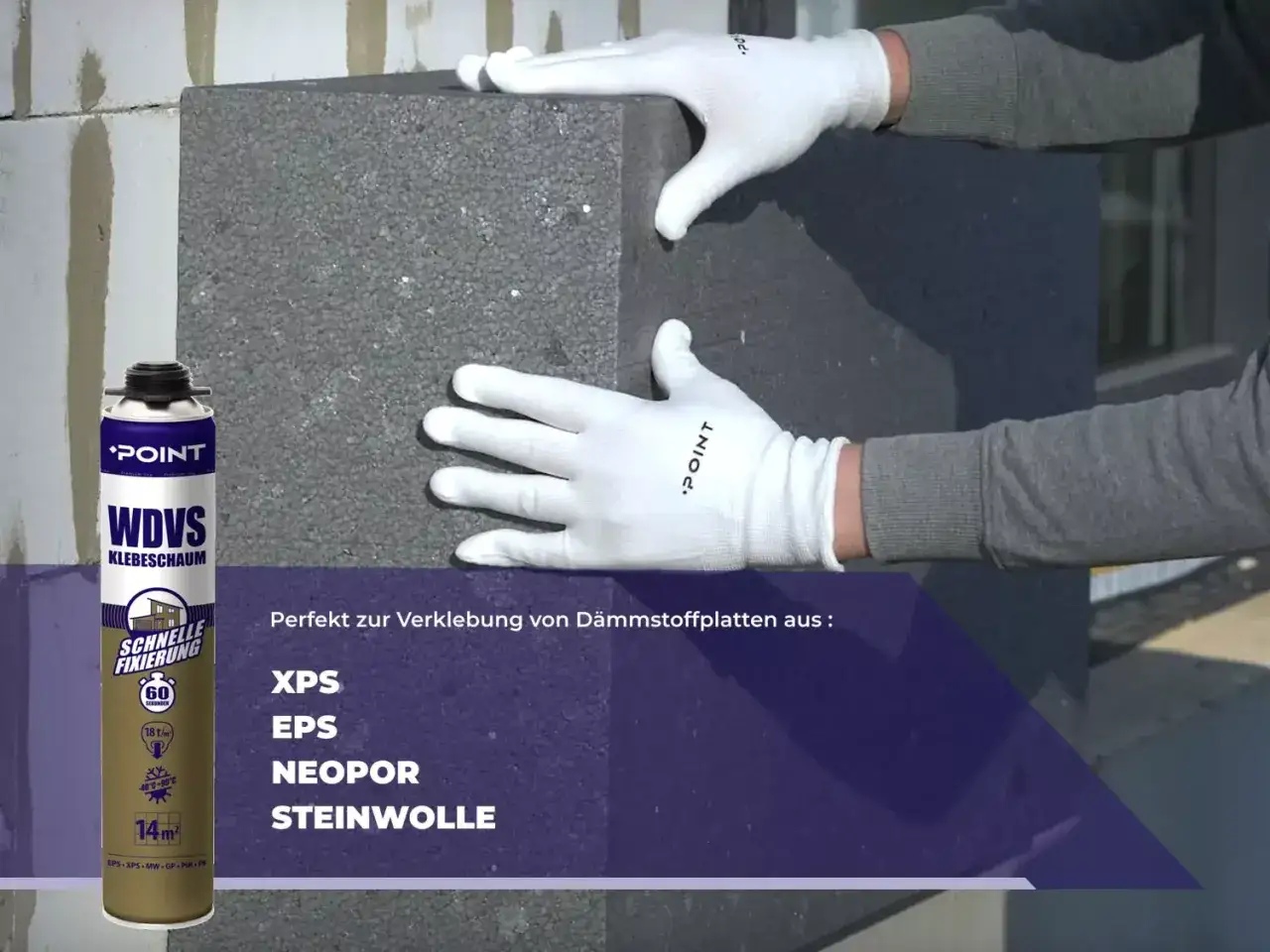 H&auml;nde mit Handschuhen halten Styrodur-Platten f&uuml;r die Verklebung mit WDVS-Klebeschaum.