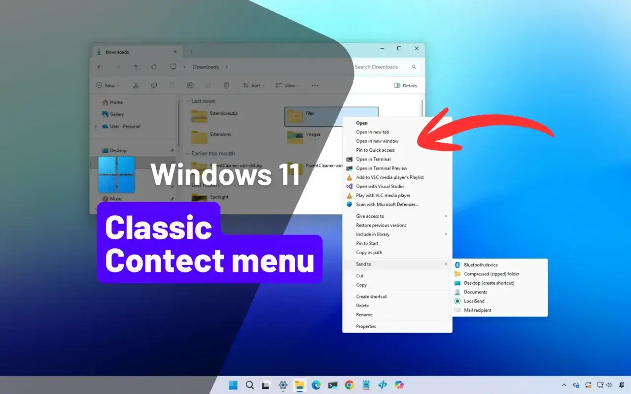 Klasyczne menu kontekstowe w Windows 11, pokaż więcej opcji.