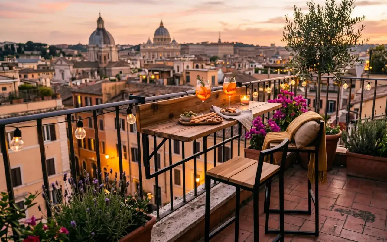 Un aperitivo al tramonto su un terrazzo romano con vista. Perfette idee terrazzo per godersi la citt&agrave;.