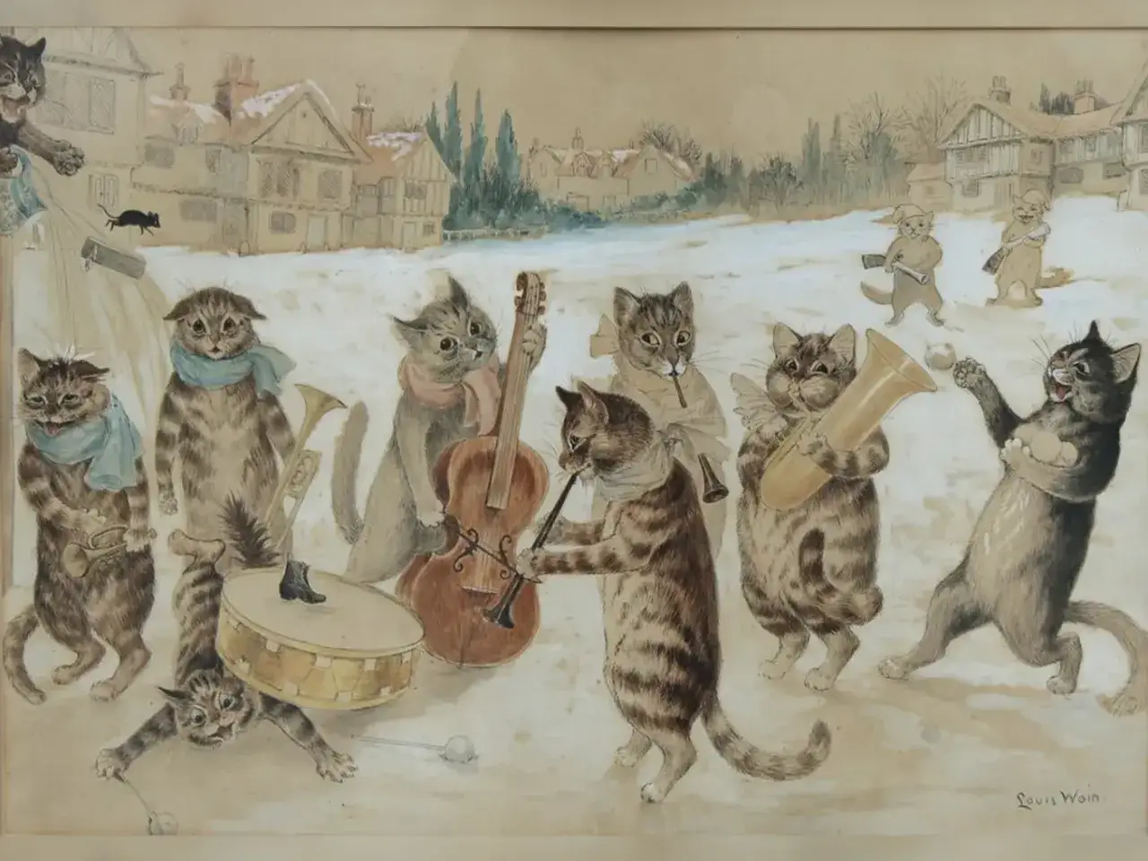 Orchestre de chats anthropomorphes, style Louis Wain, jouant dans un paysage enneig&eacute;. Un chat joue du violoncelle, un autre du saxophone, un autre encore du tambour.