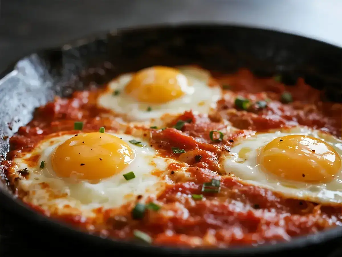 Uova in purgatorio, un piatto succulento con uova cotte in salsa di pomodoro piccante, guarnito con erba cipollina.