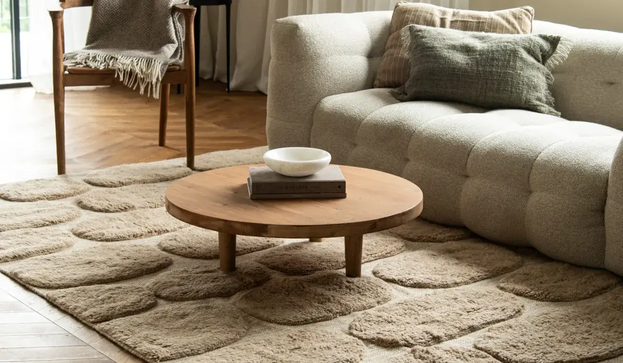 En mysig matplats med en rund tr&auml;bricka, en vit sk&aring;l och b&ouml;cker. En bekv&auml;m soffa och en stol med pl&auml;d skapar en inbjudande atmosf&auml;r.