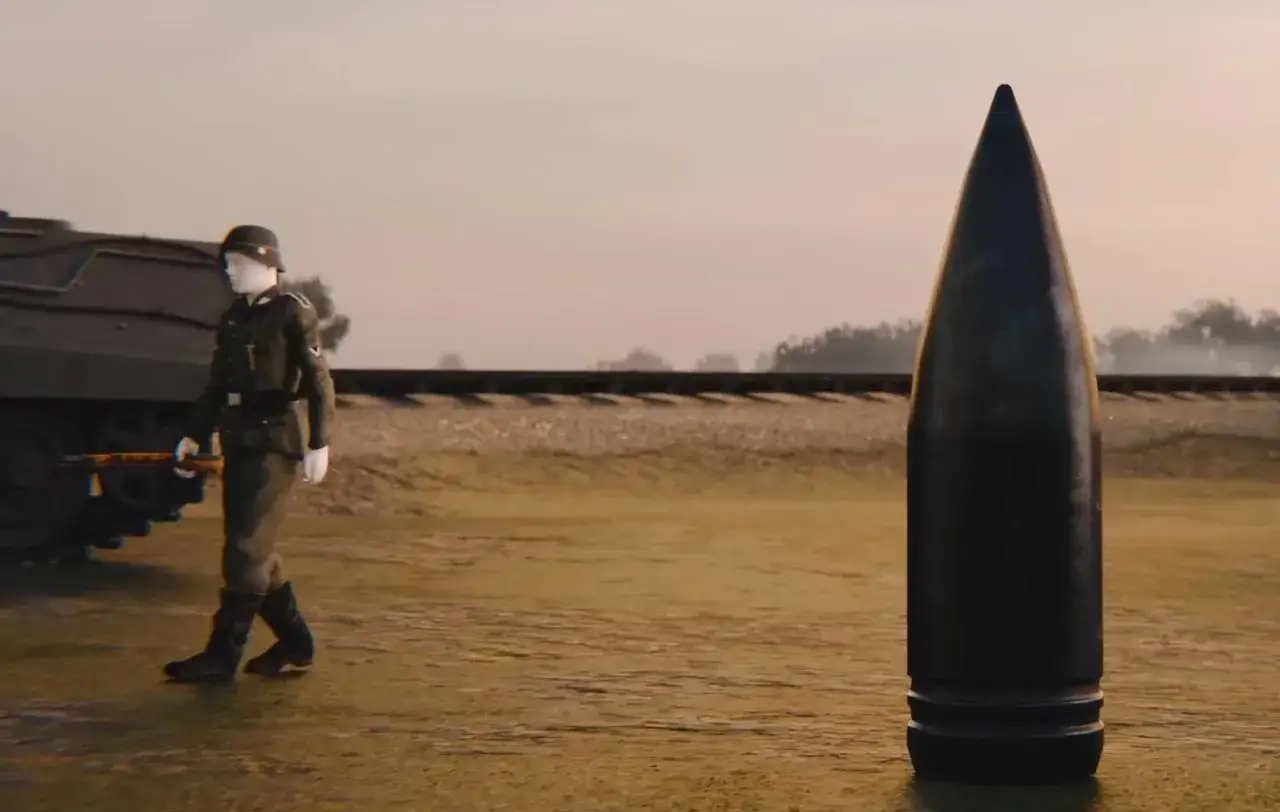 Ein Soldat geht an einer riesigen Kugel vorbei, die schwerer Gustav Munition darstellt.