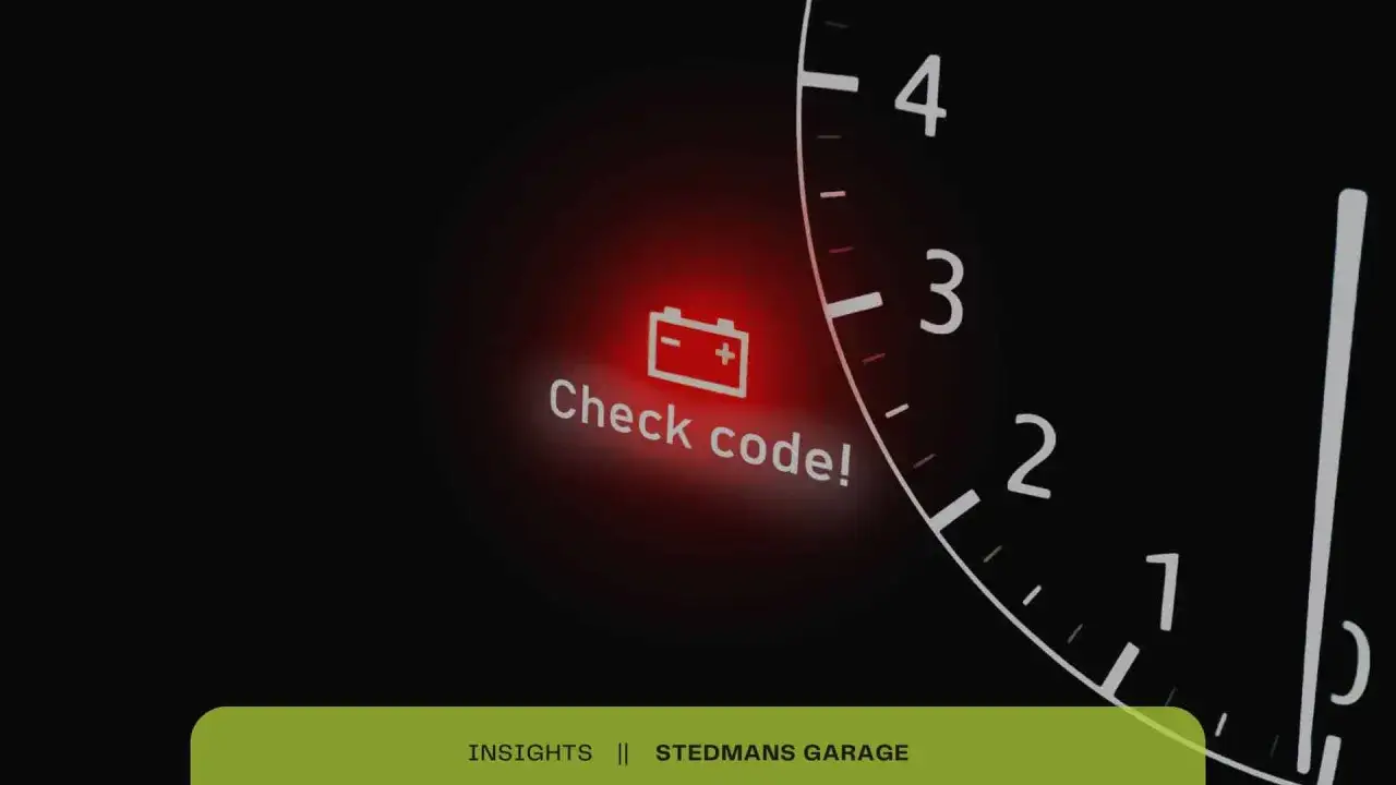 Car dashboard shows a red battery warning light with