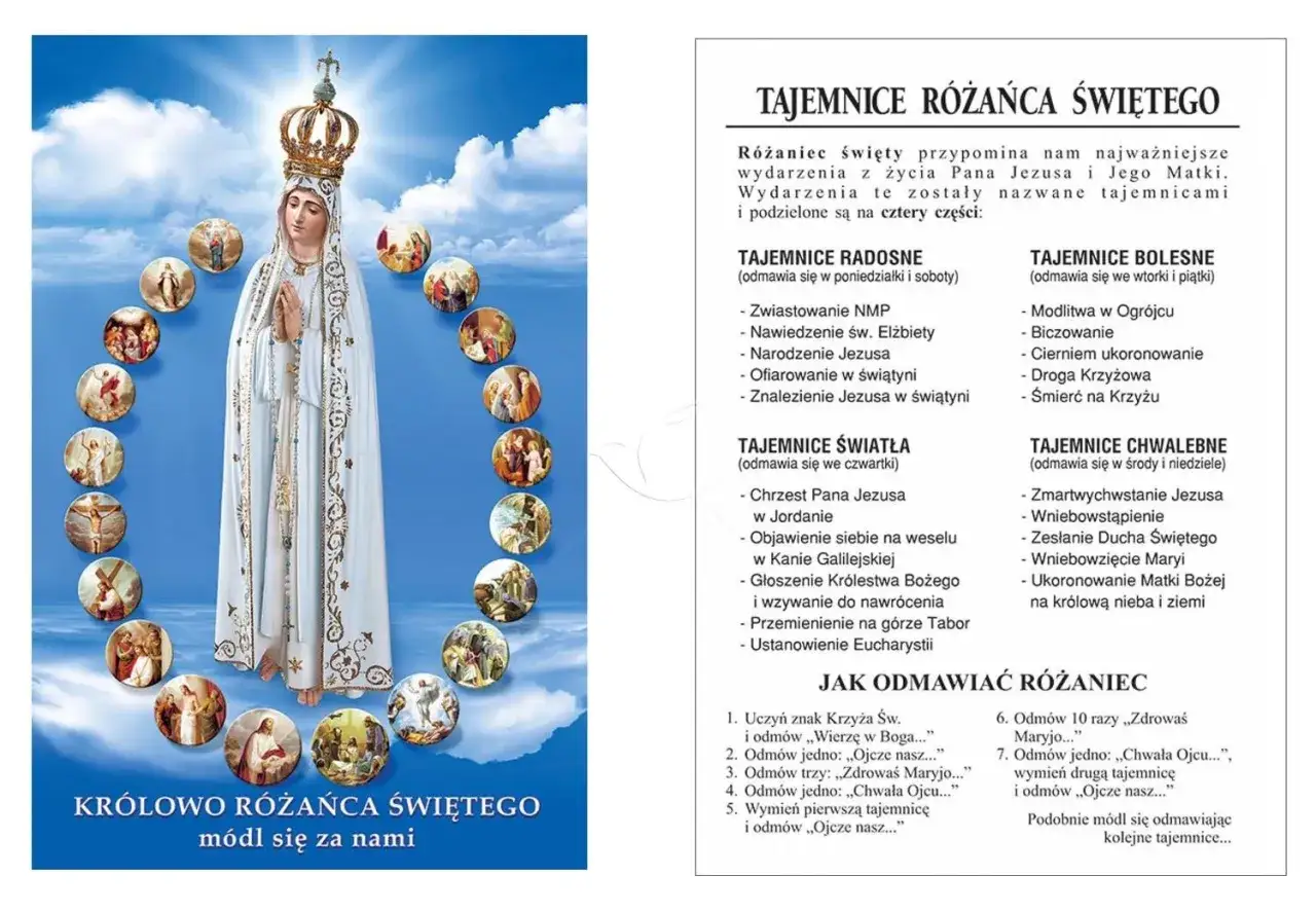 Wtorek: tajemnice różańca świętego. Matka Boża w otoczeniu medalionów z wydarzeniami z życia Jezusa.
