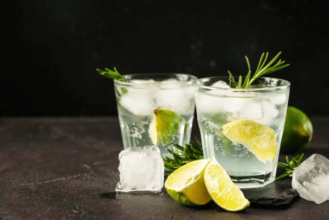 Erfrischendes **soda wasser** mit Eis, Limettenspalten und Rosmarin in Gl&auml;sern.