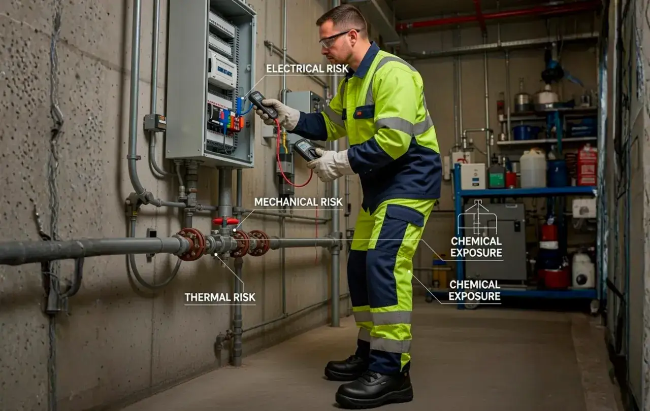 Un trabajador con equipo de protección individual (epis) revisa un panel eléctrico, señalando riesgos eléctricos, mecánicos, térmicos y de exposición química.