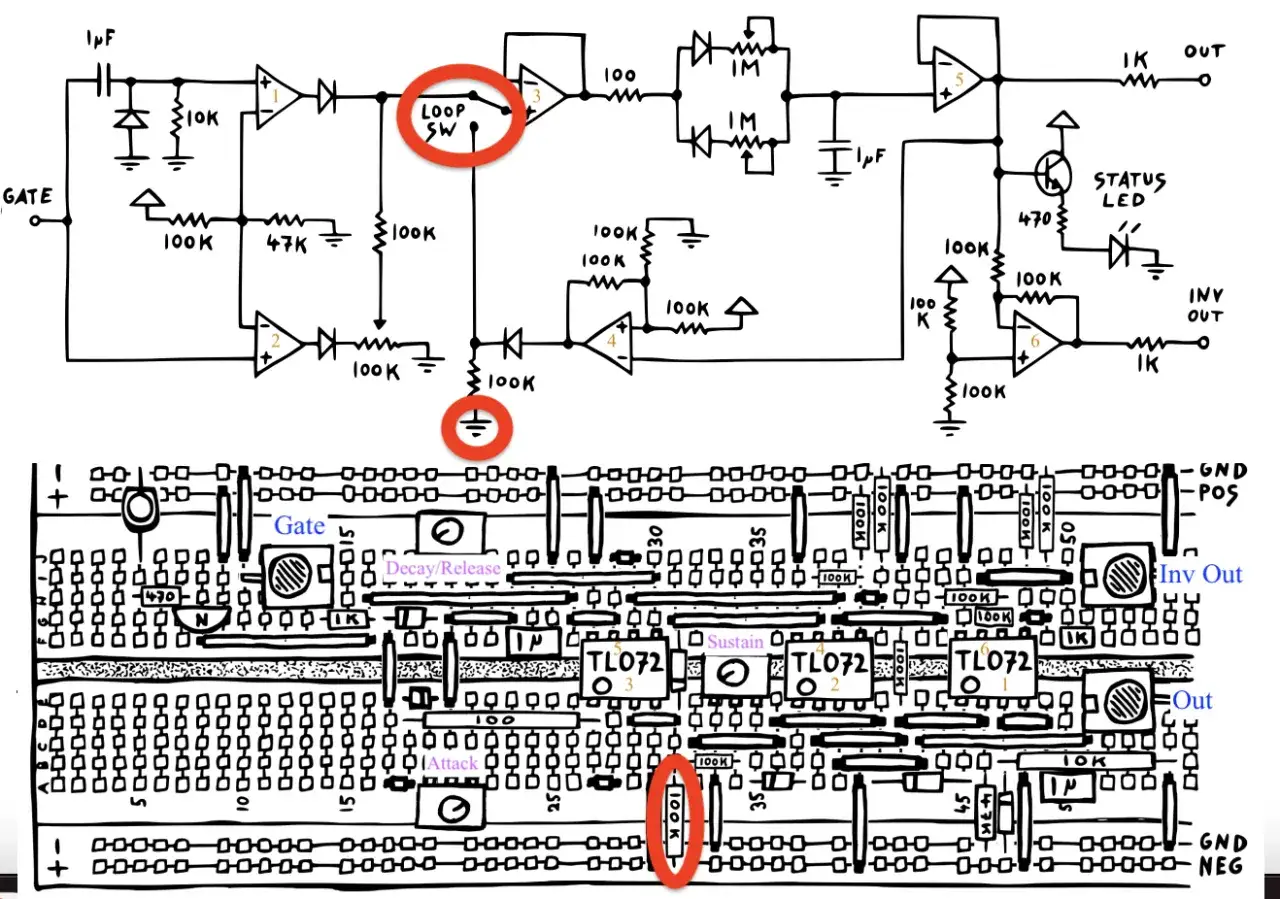 Schemat i płytka stykowa do budowy syntezatora dźwięku. Widoczne elementy to m.in. wzmacniacze operacyjne TL072, przełącznik LOOP SW, potencjometry Attack, Sustain, Decay/Release.