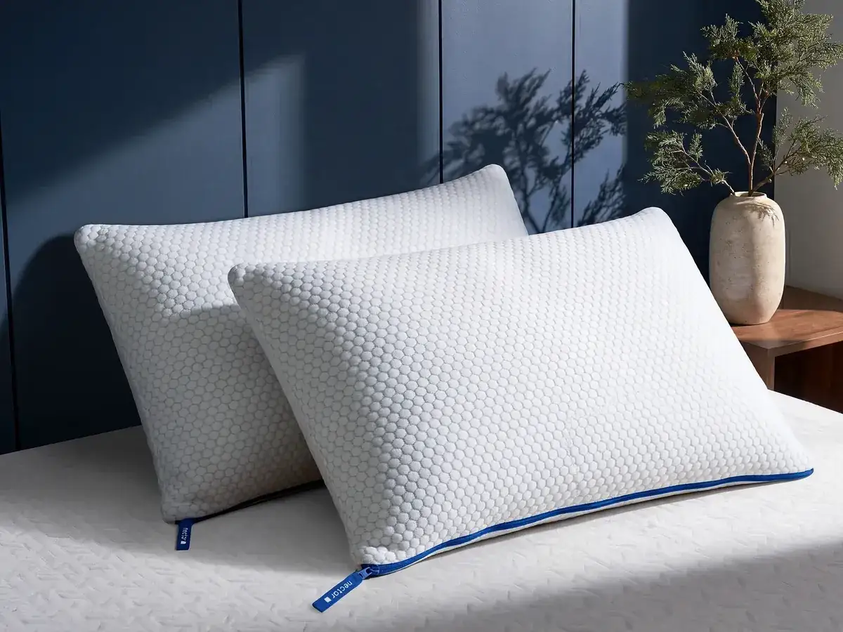 Two white pillows with a hexagonal pattern rest on a bed. One pillow has a blue zipper. No smelly pillow here, just fresh comfort.