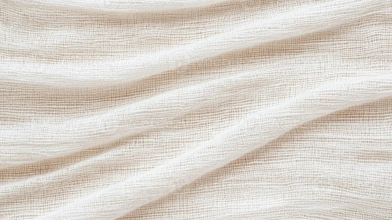 A close-up of a light, textured fabric, showing its weave. This stable knit fabric has a natural, organic feel, perfect for breathable garments.