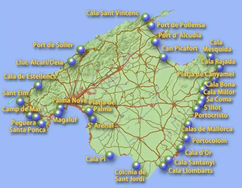 Karte Mallorca Seeb&auml;der beliebte Orte