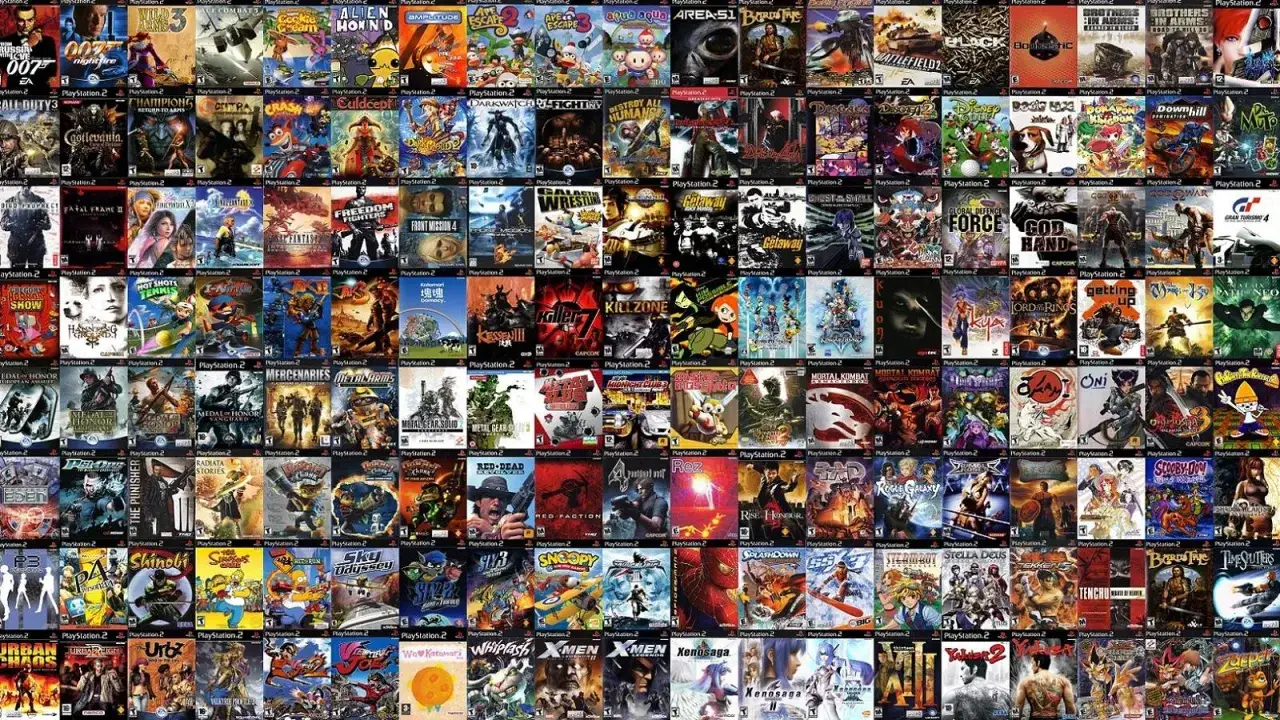 Kolekcja okładek gier na PS2, w tym najlepsze gry na PS2, takie jak GTA, Metal Gear Solid, Final Fantasy i wiele innych klasyków.