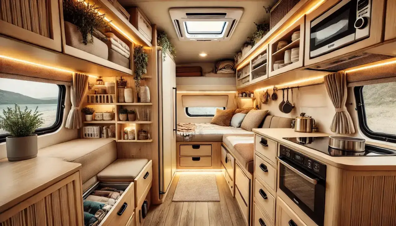 Gem&uuml;tliches **Wohnmobil innen** mit Holzeinbauten, Bett, K&uuml;che und viel Stauraum. Einladend und funktional eingerichtet.