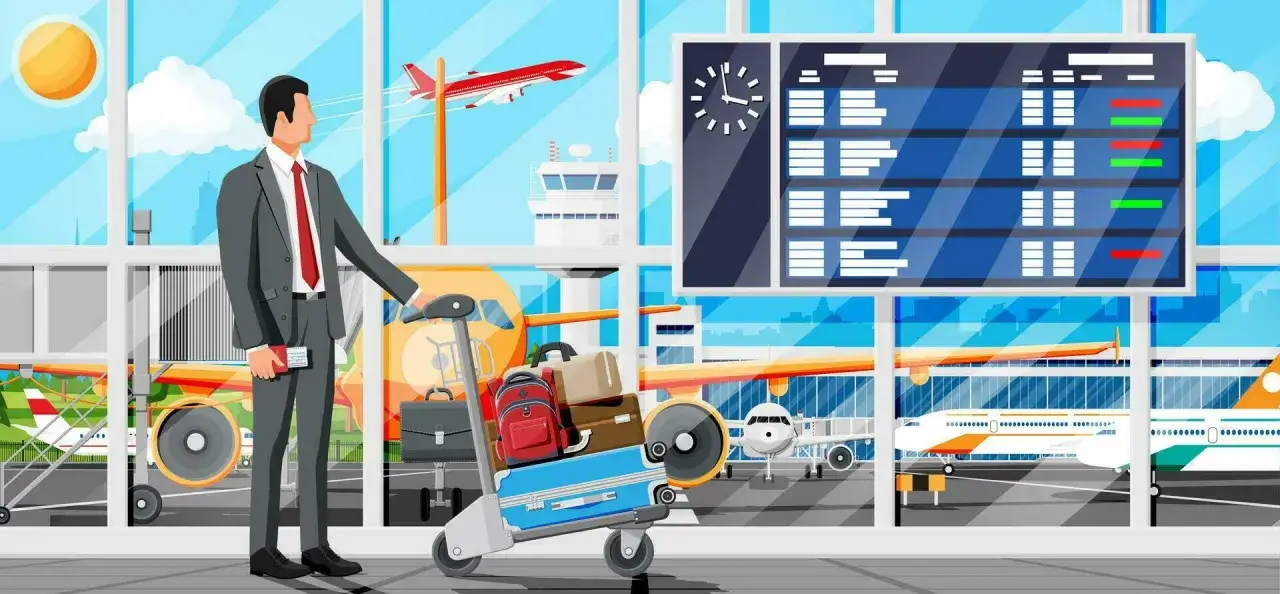 Gesch&auml;ftsmann mit Gep&auml;ckwagen am Flughafen, wartet auf seinen Flug mit Zwischenstopp. Flugzeuge und Anzeigetafel im Hintergrund.