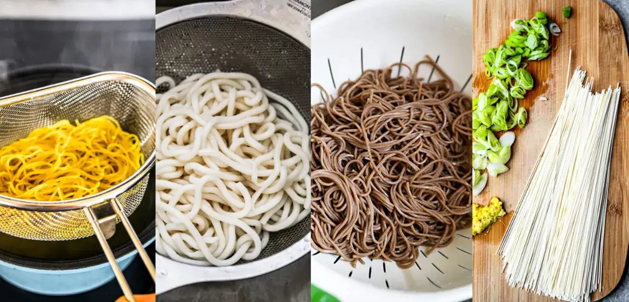 Makaron gryczany soba, pszenny somen, udon i żółty makaron w cedzakach.