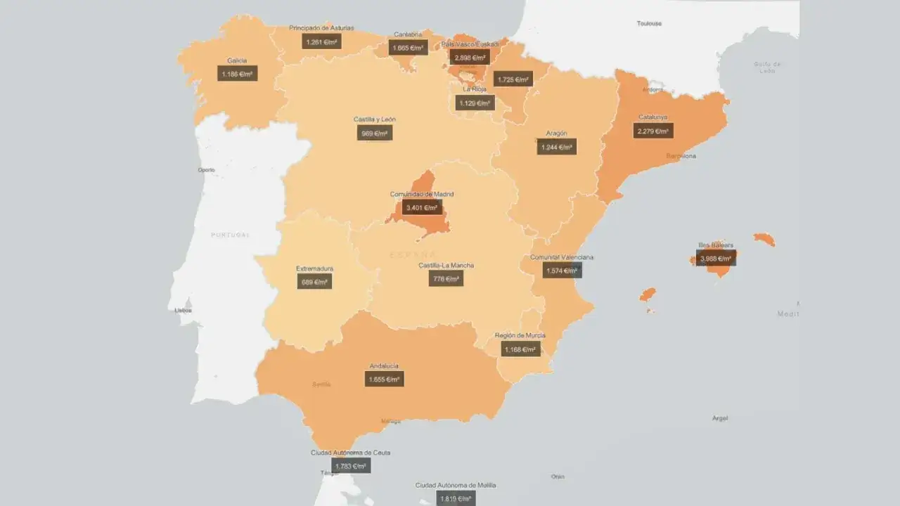 Mapa de España con el precio vivienda por comunidades. Madrid y Baleares son las zonas más caras.