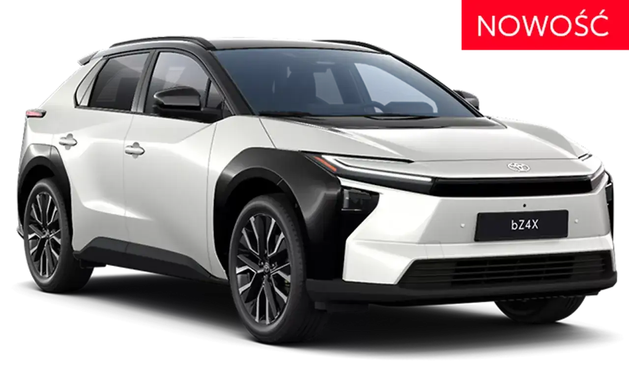 Nowość! Biały elektryczny SUV Toyota bZ4X z czarnymi detalami i futurystycznymi światłami.