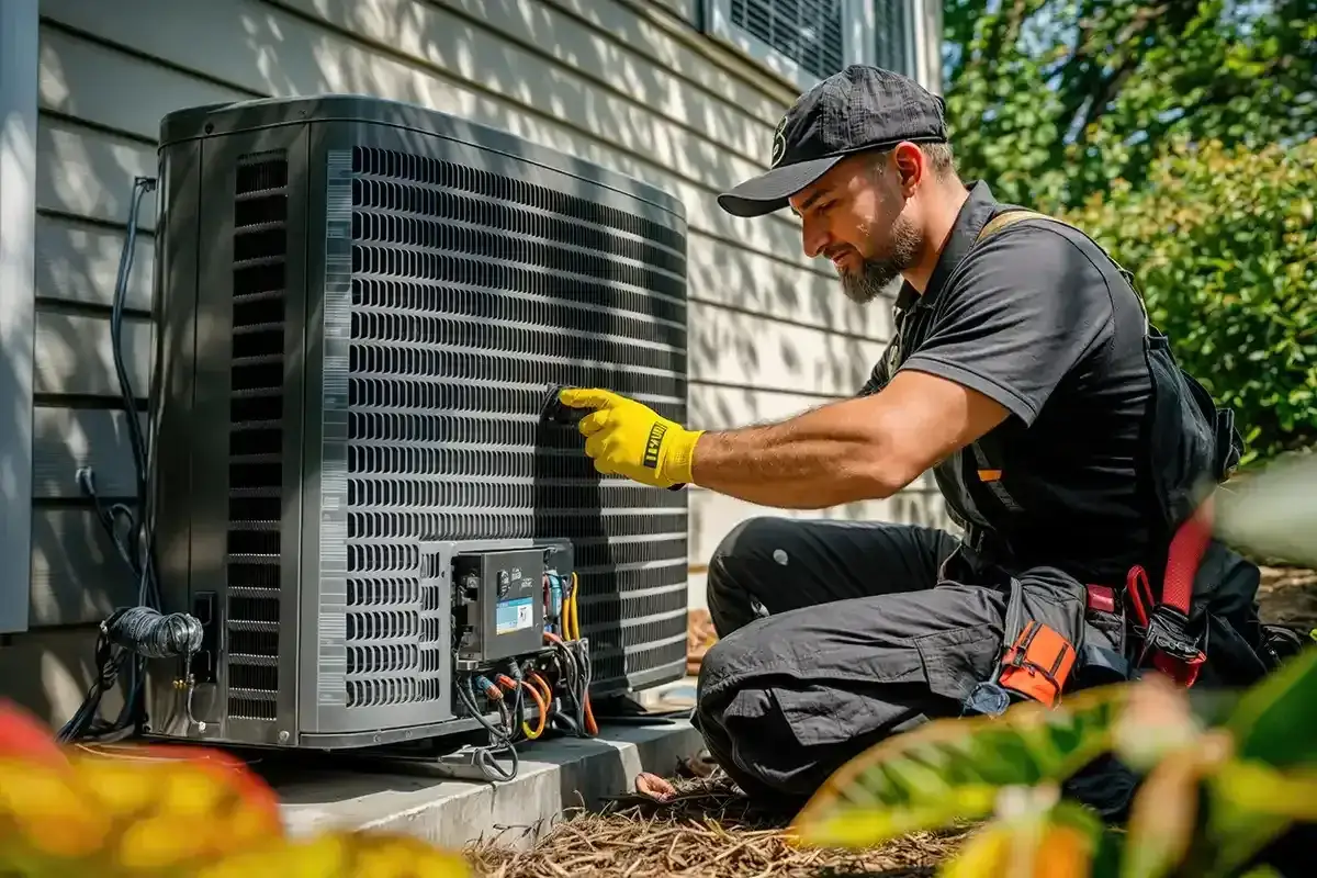 Technik sprawdza klimatyzator, szukając przyczyn braku ciepłej wody.