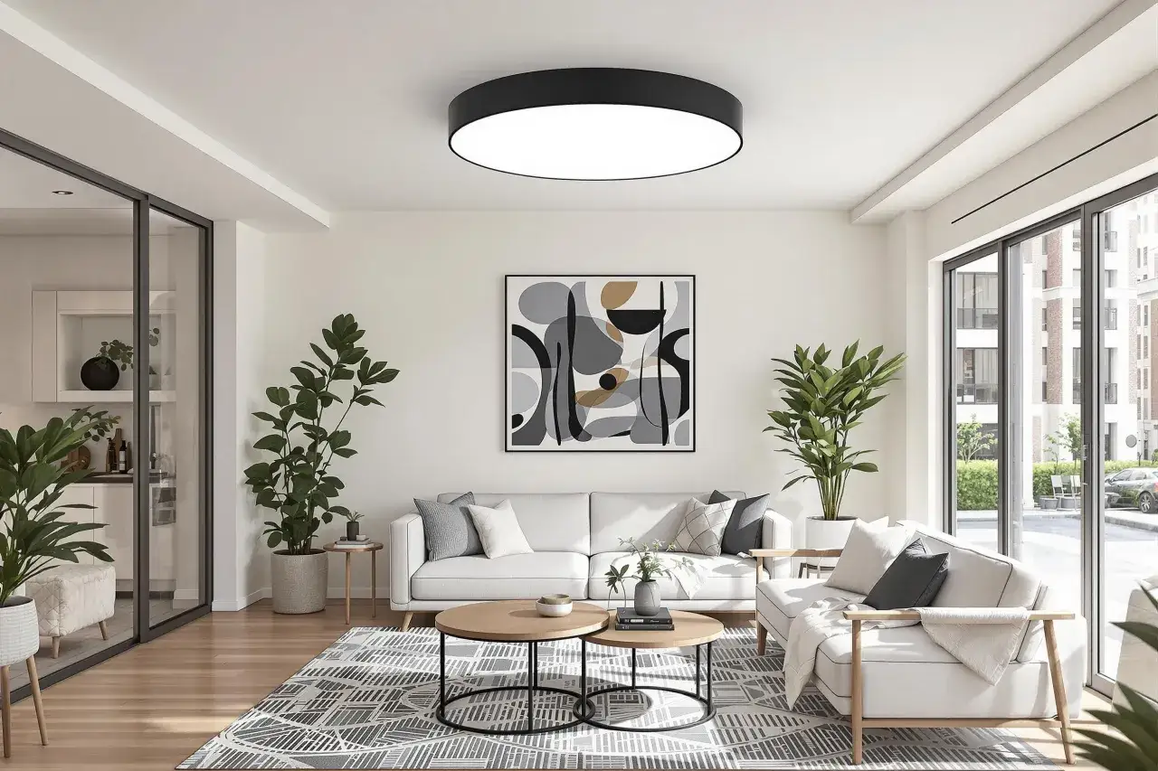 Salon moderne avec canapé blanc, table basse en bois, tapis graphique et plantes vertes. La **couleur lumière** du plafond éclaire la pièce.