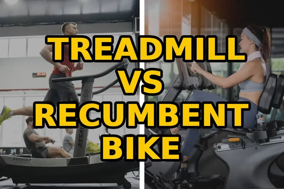 Treadmill vs recumbent bike: A split image shows a man running on a treadmill and a woman on a recumbent bike.
