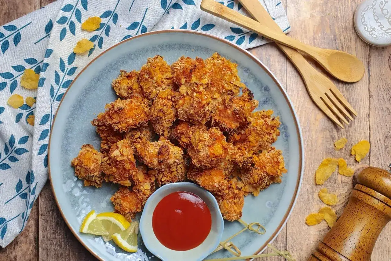 Piatto di croccanti bocconcini di pollo impanati con fiocchi di mais, accompagnati da ketchup e spicchi di limone.