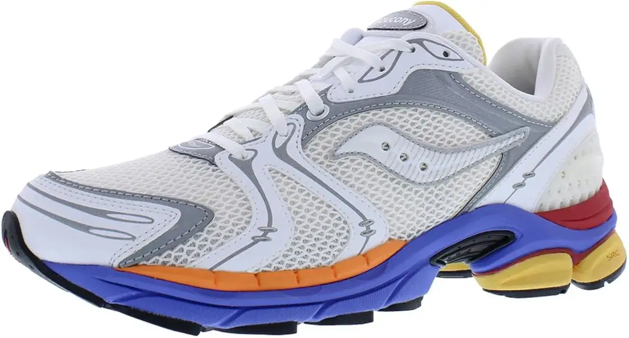 Chaussure de course Saucony Progrid blanche et grise avec semelle ext&eacute;rieure multicolore audacieuse.