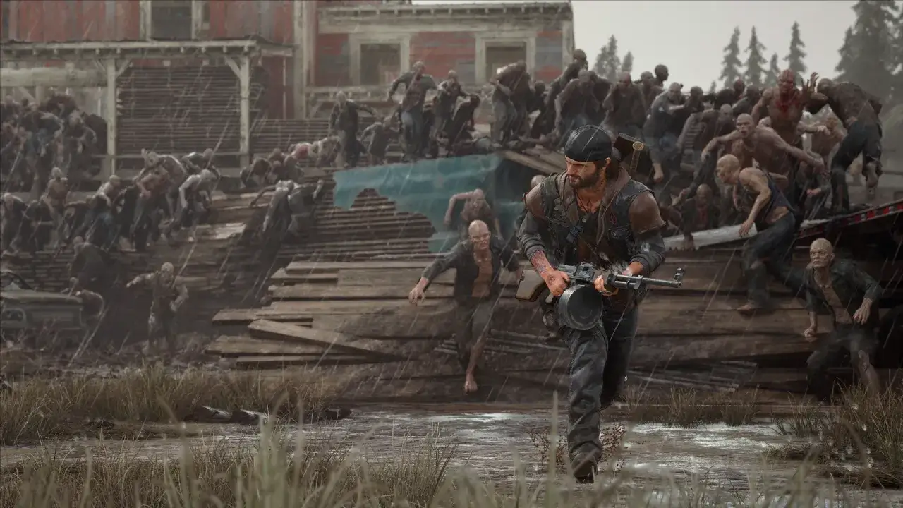 Un hombre corre con un arma mientras una horda de infectados lo persigue. Una escena de acción intensa de la **Days Gone guía**.