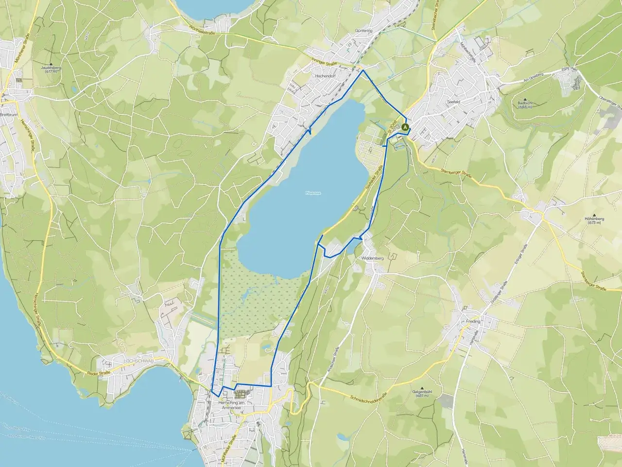 Karte mit markierter Route zum Pilsensee wandern. Die Wanderung f&uuml;hrt durch Seefeld und Hechendorf.