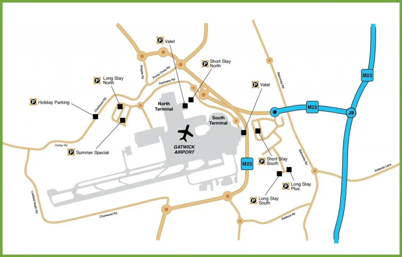Mapa parking&oacute;w i dr&oacute;g dojazdowych do lotniska Londyn Gatwick.