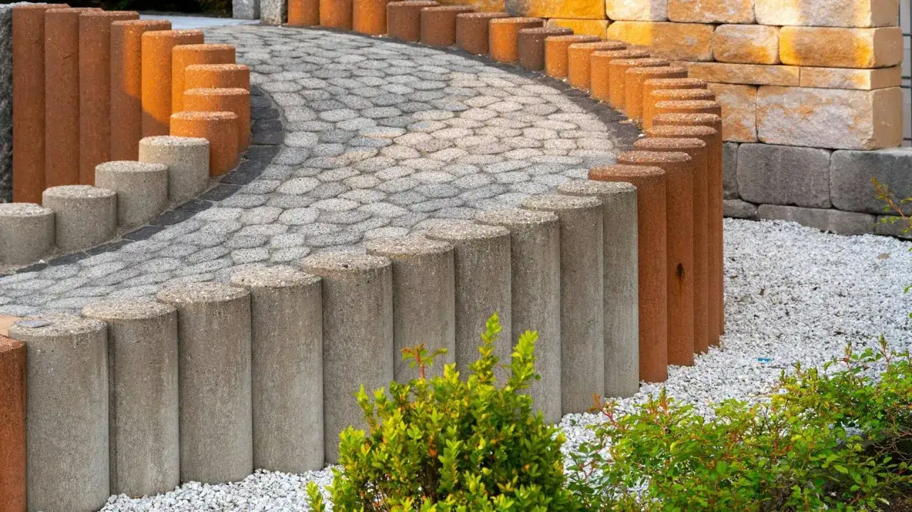 Kamienna ścieżka otoczona palisadą przy tarasie. Betonowe słupki tworzą łuk, oddzielając żwirek od bruku.