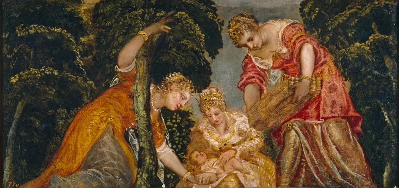 Trois femmes dans un jardin, une tenant un b&eacute;b&eacute;, une autre portant du bl&eacute;. &OElig;uvres d'art de le Tintoret, style v&eacute;nitien.