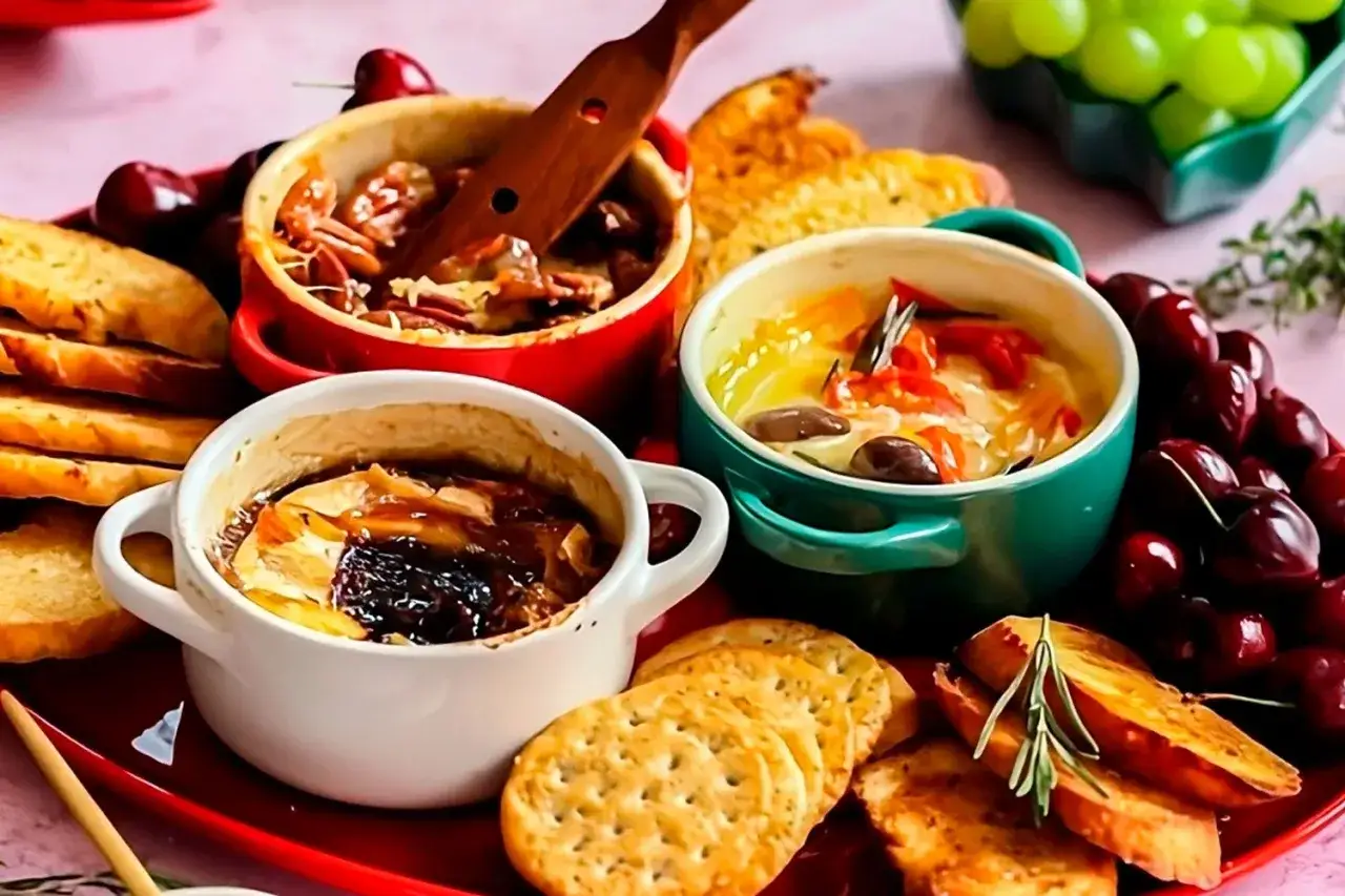 Drei kleine Auflaufförmchen mit geschmolzenem Camembert, garniert mit Nüssen, Tomaten und Kräutern, serviert mit Brot und Kirschen.