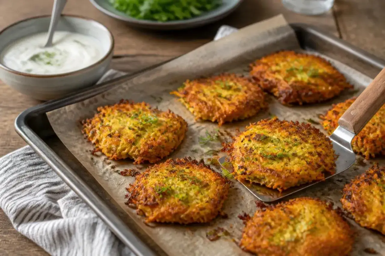 Goldbraune Zucchini Puffer auf einem Backblech, daneben eine Schüssel mit Dip und Salat.