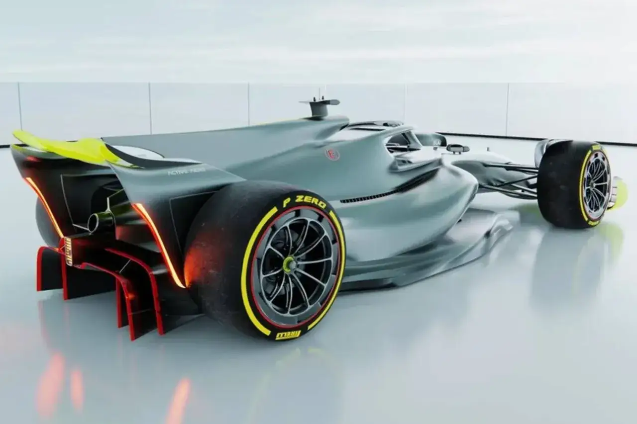 Concepto futurista de coche de **noticias fórmula 1** con alerón trasero amarillo y luces rojas.