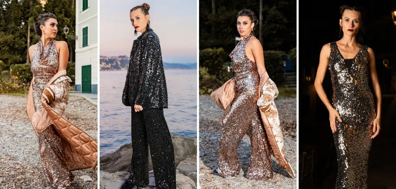 Moda scintillante: come sdrammatizzare un abito paillettes con stile, tra mare e natura.