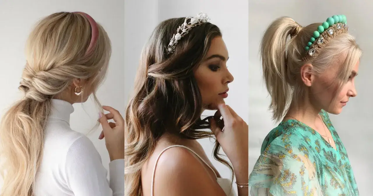Tres estilos de peinados con diadema: coleta trenzada, melena suelta con tocado y coleta alta con diadema de cuentas.