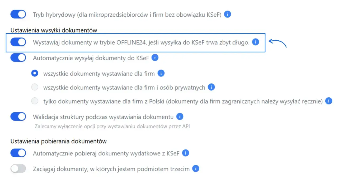 Ustawienia wysyłki dokumentów: tryb offline gdy ksef awaria, automatyczne wysyłanie, walidacja struktury.