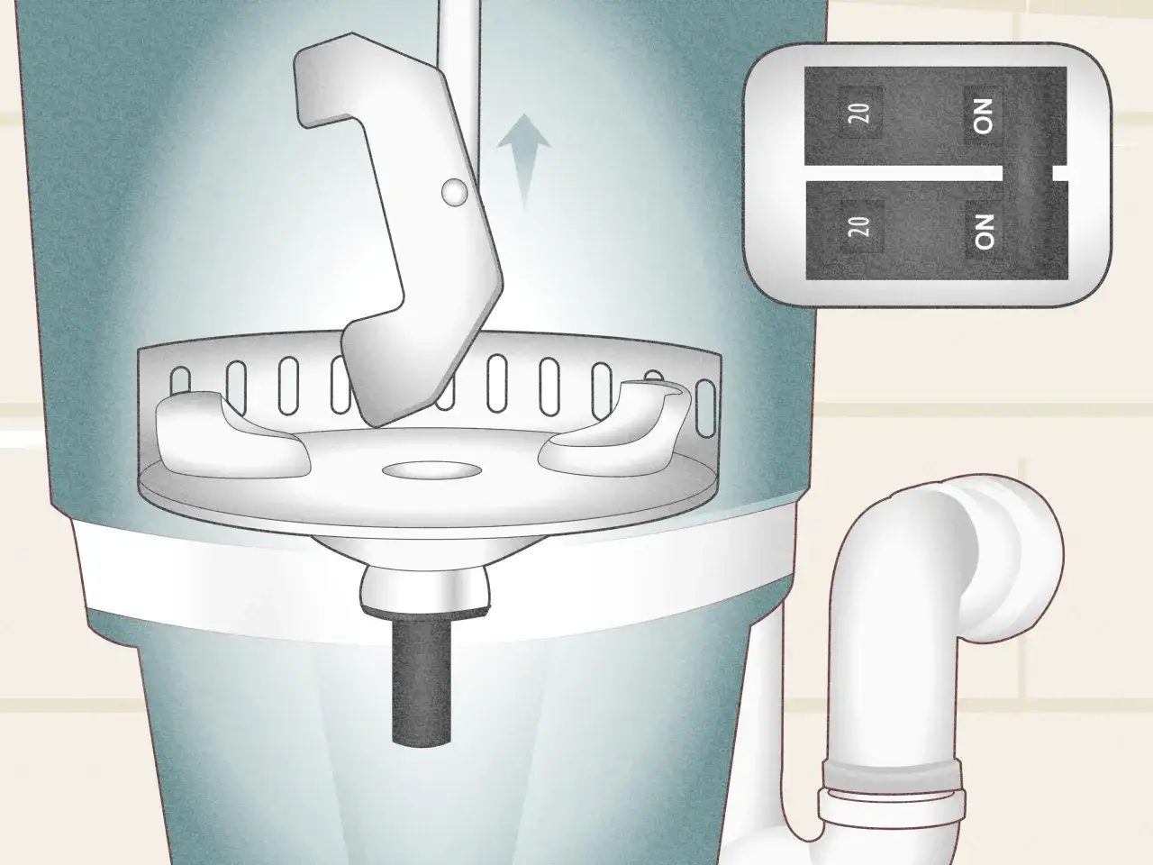 Illustration showing a tool being inserted into a garbage disposal to fix it. A switch labeled 