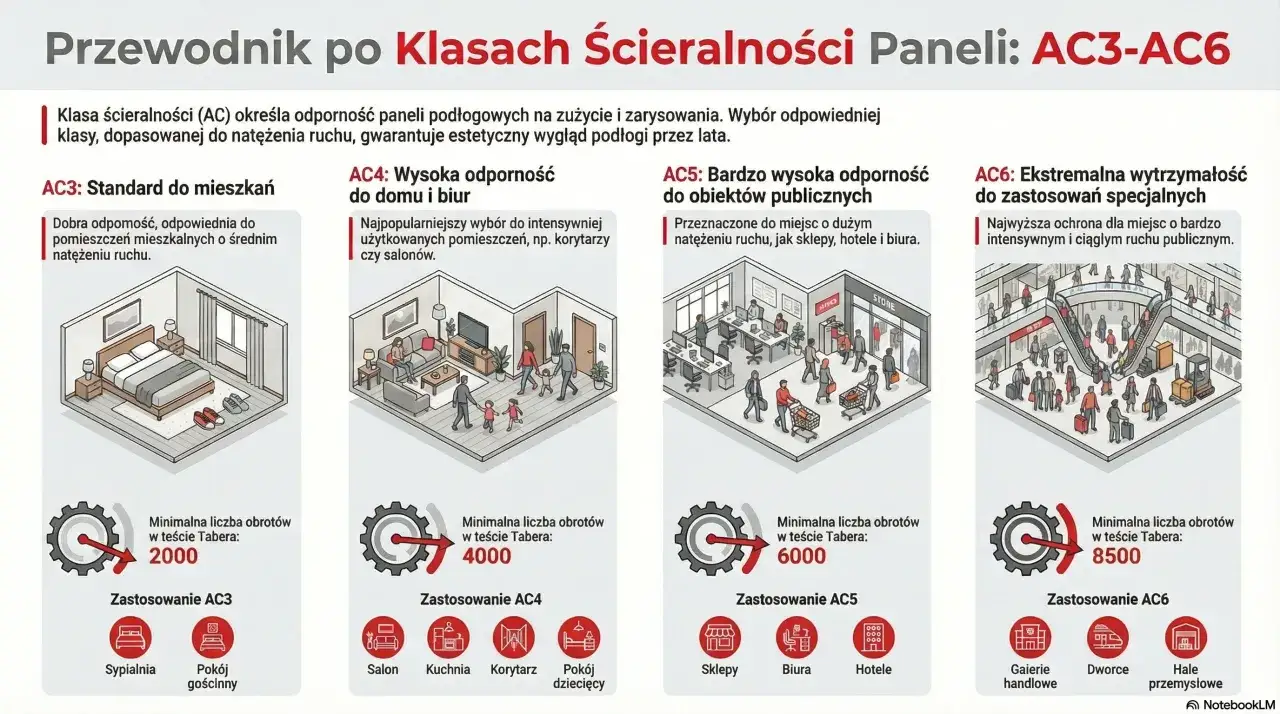 Przewodnik po klasach ścieralności paneli: AC3-AC6. Klasa ścieralności (AC) określa odporność paneli podłogowych na zużycie i zarysowania, gwarantując estetyczny wygląd podłogi przez lata.
