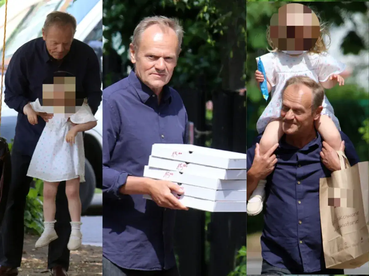 Donald Tusk z dziećmi, jedno na ramionach, drugie trzymane za rękę. Widać stos pudełek z pizzą.
